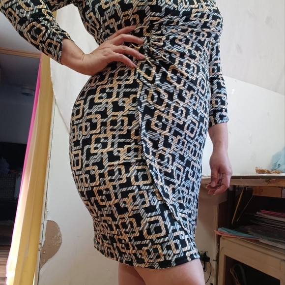 Dress Glamour, Faux wrap Dress geometric, Full stretch, Business,Formal,sz 6. - Picture 13 of 17